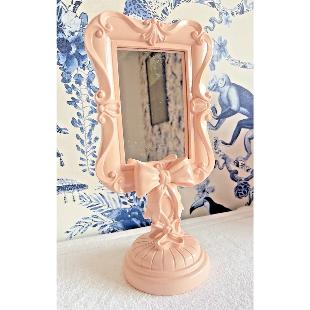 Tabletop Vanity Mirror Pink High Gloss Freestanding 13"H x 6.5"W Resin Bows CUTE - Picture 2 of 7